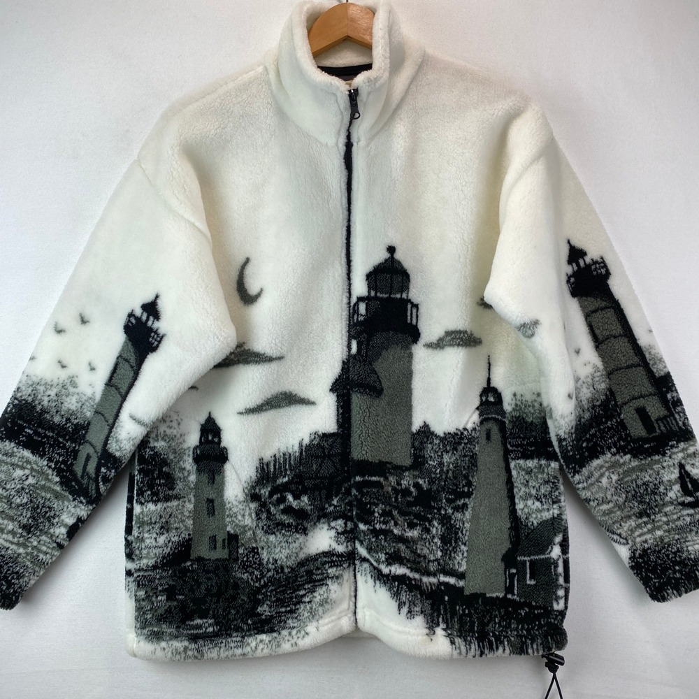 VTG Mazmania Lighthouse Landscape Fleece Jacket Mens S/M Full Zip USA Made